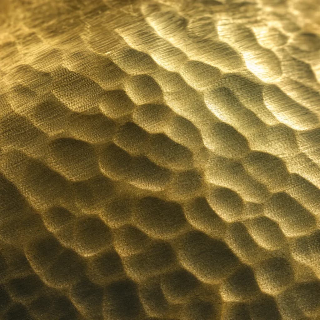 Extreme close-up of hand-hammered brushed brass showing hammer marks